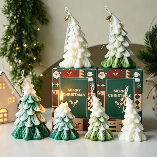 Christmas tree candle collection in three colors and two sizes, with original Merry Christmas packaging.