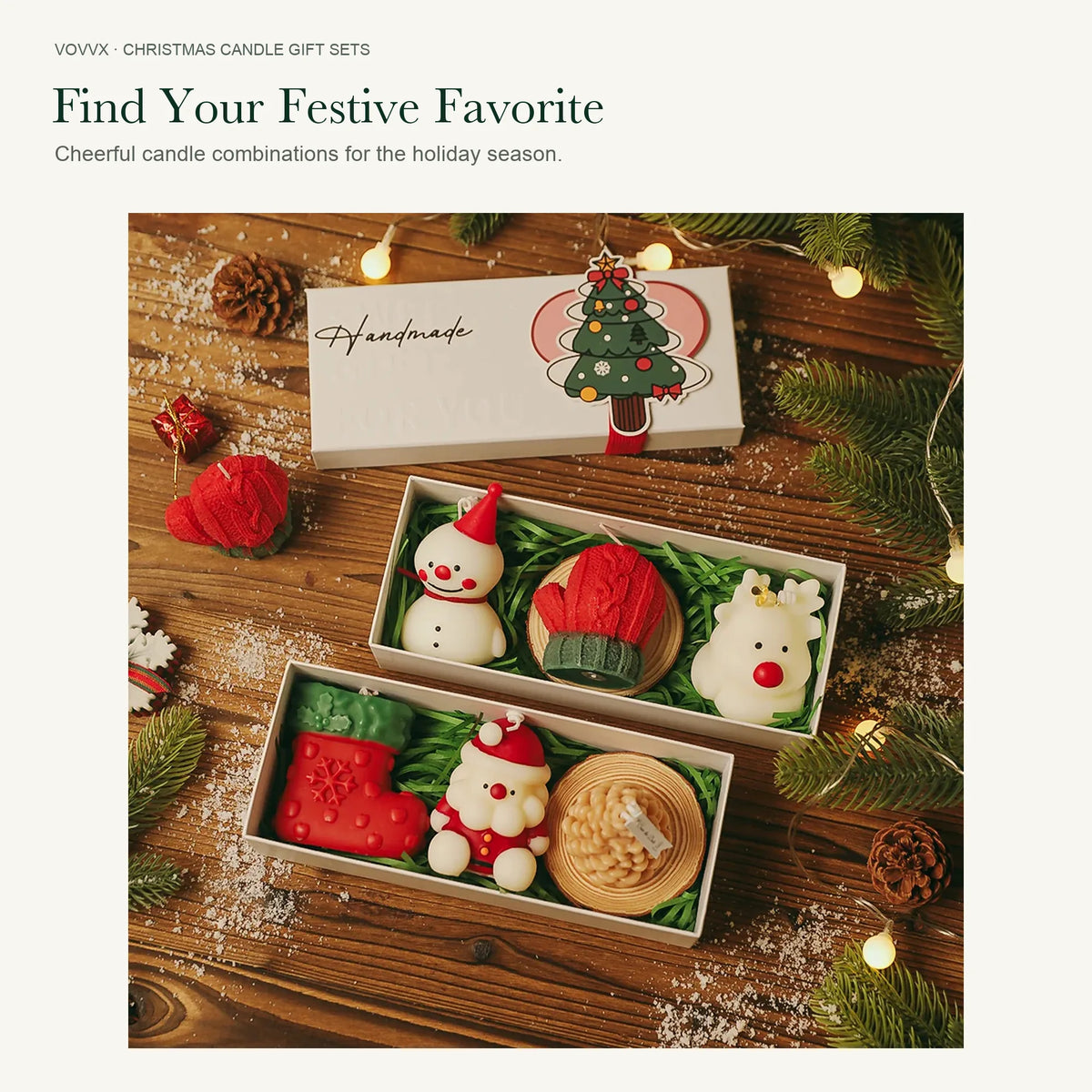 Original open gift box with seated red and cream Santa, ribbon-decorated snowflake, and white standing reindeer beside its illustrated lid.