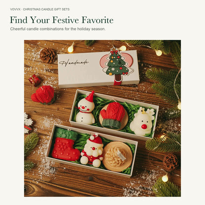 Original open gift box with seated red and cream Santa, ribbon-decorated snowflake, and white standing reindeer beside its illustrated lid.
