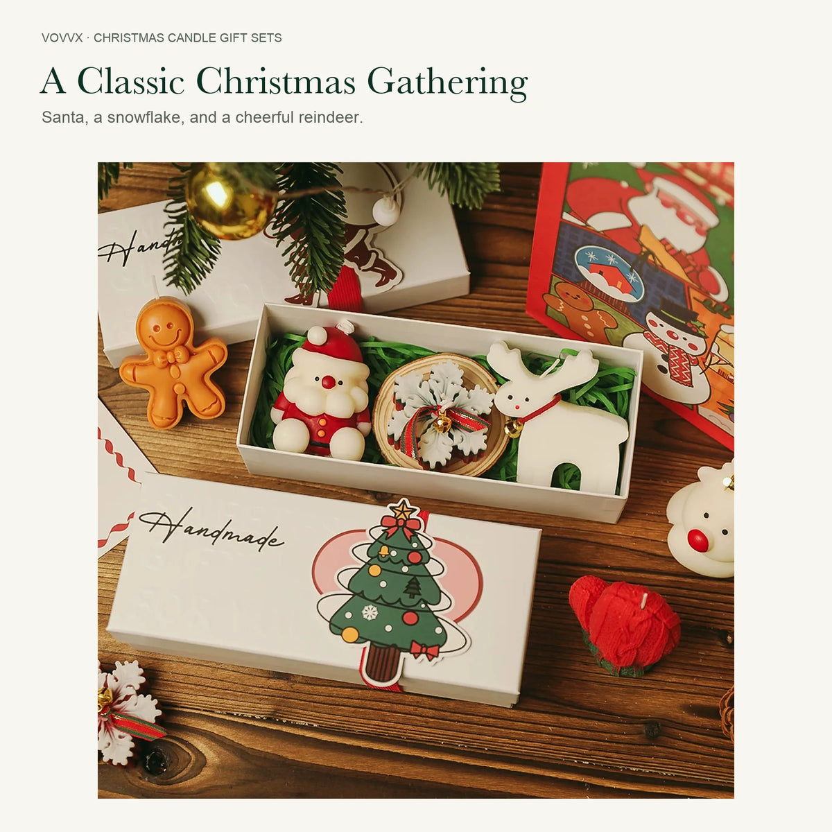 Original stocking, pinecone and Santa gift set beside a tree, red mitten and reindeer-head gift set on a wooden table.