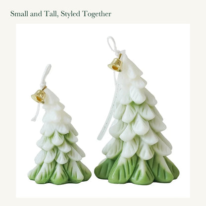 Small and large olive green and white Christmas tree candles with original bells and tags on a white background.