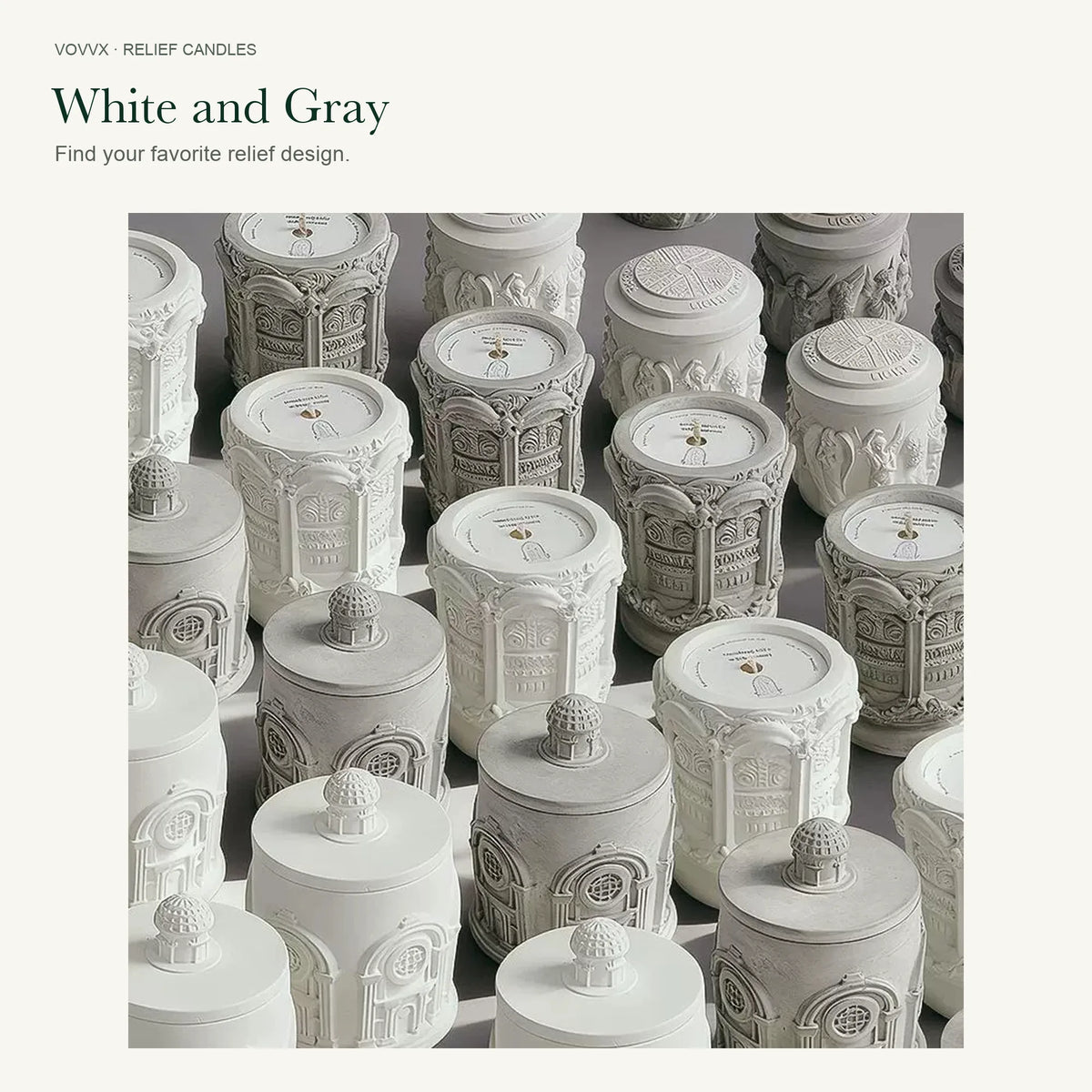 Original Palace Relief, Angel Relief, and Roman Architecture candles arranged in white and gray finishes.