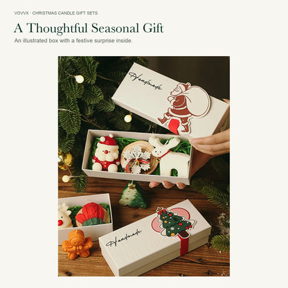 Original Santa, snowflake and standing reindeer gift box held open beside a Christmas tree with its Santa illustrated lid.