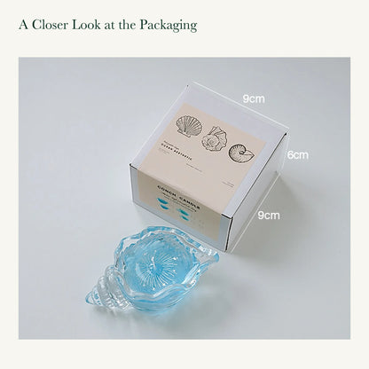 Small conch-shaped glass candle beside its original shell-illustrated box labeled 9 by 9 by 6 centimeters.