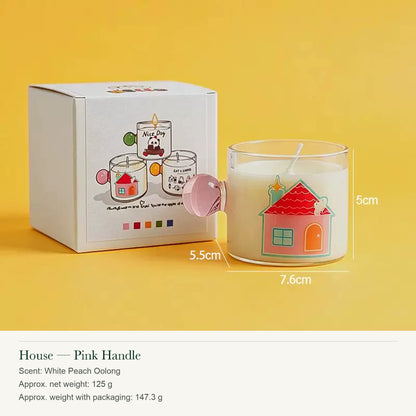 Illustrated Glass Scented Candle with Colorful Round Handle